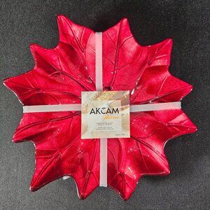 Set of Three AKCAM Turkish Glass Red Poinsettia Plates 8 Inch Holiday Serverware